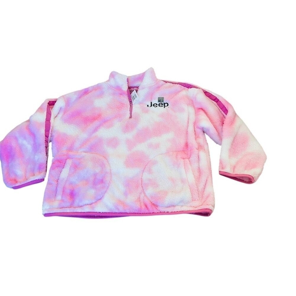 Jeep Pullover Sweatshirt Womens L Pink White Tie-Dye 1/4 Zip Fleece Sherpa Logo
